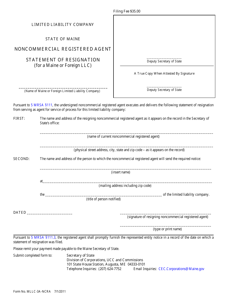 Form MLLC-3A-NCRA Statement of Resignation of Noncommercial Registered Agent (For a Maine or Foreign LLC) - Maine, Page 1