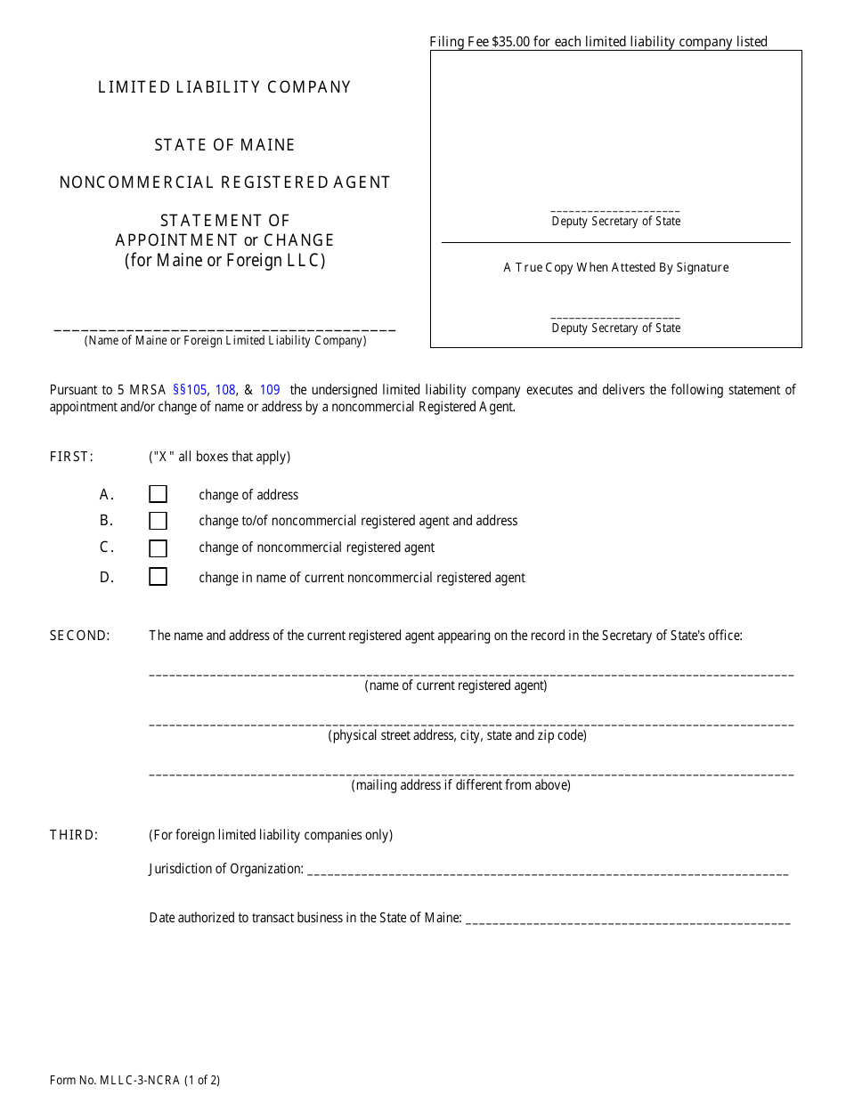 Form MLLC-3-NCRA Statement of Appointment or Change of Noncommercial Registered Agent (For Maine or Foreign LLC) - Maine, Page 1