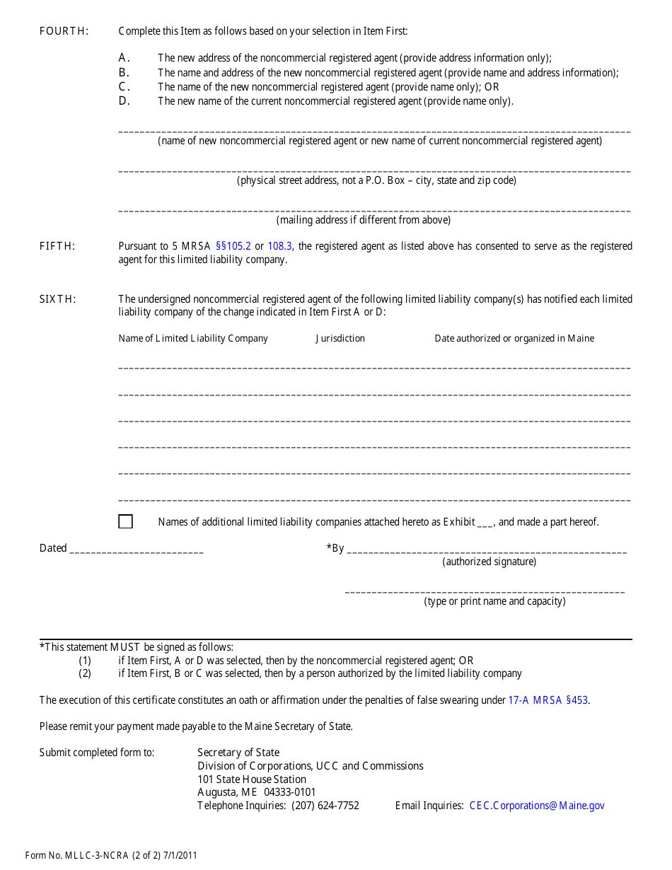 Form MLLC-3-NCRA Statement of Appointment or Change of Noncommercial Registered Agent (For Maine or Foreign LLC) - Maine, Page 2