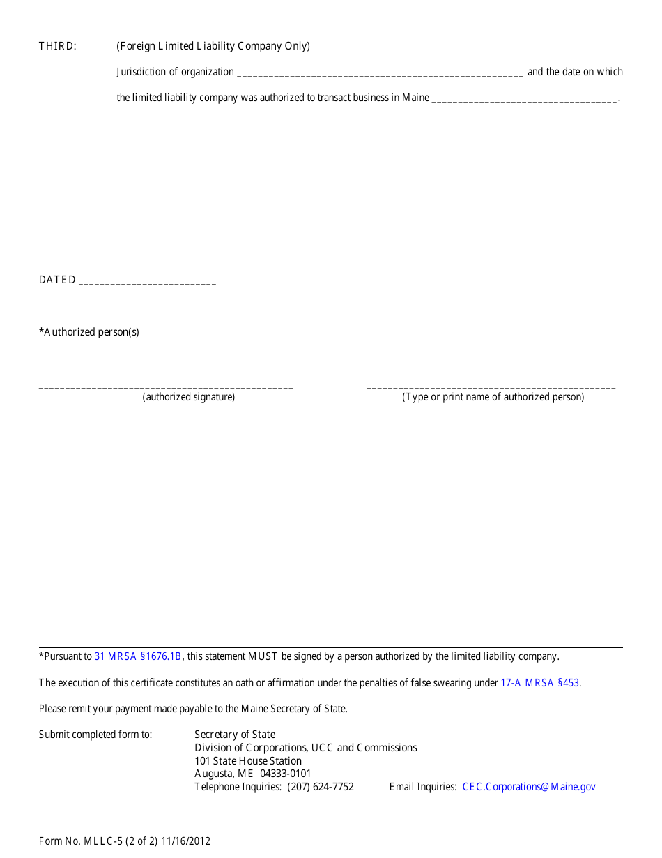 Form MLLC-5 Statement of Intention to Transact Business Under an Assumed or Fictitious Name (For Maine or Foreign LLC) - Maine, Page 2