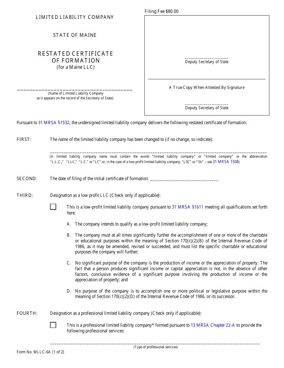 Form MLLC-6A Restated Certificate of Formation (For a Maine LLC) - Maine, Page 1