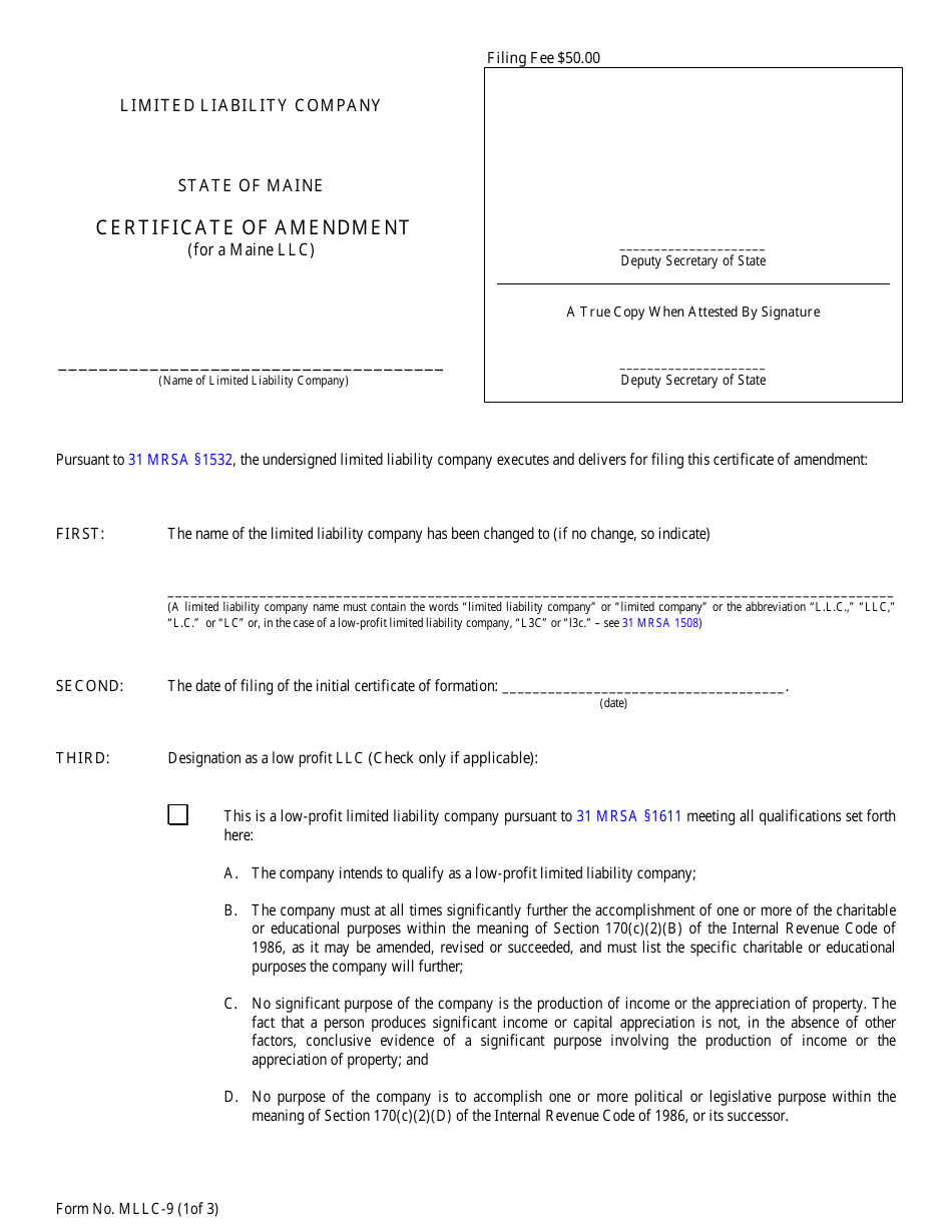 Form MLLC-9 Certificate of Amendment (For a Maine LLC) - Maine, Page 1