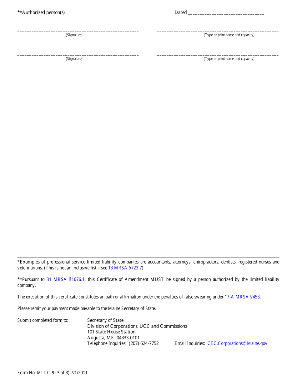 Form MLLC-9 Certificate of Amendment (For a Maine LLC) - Maine, Page 3