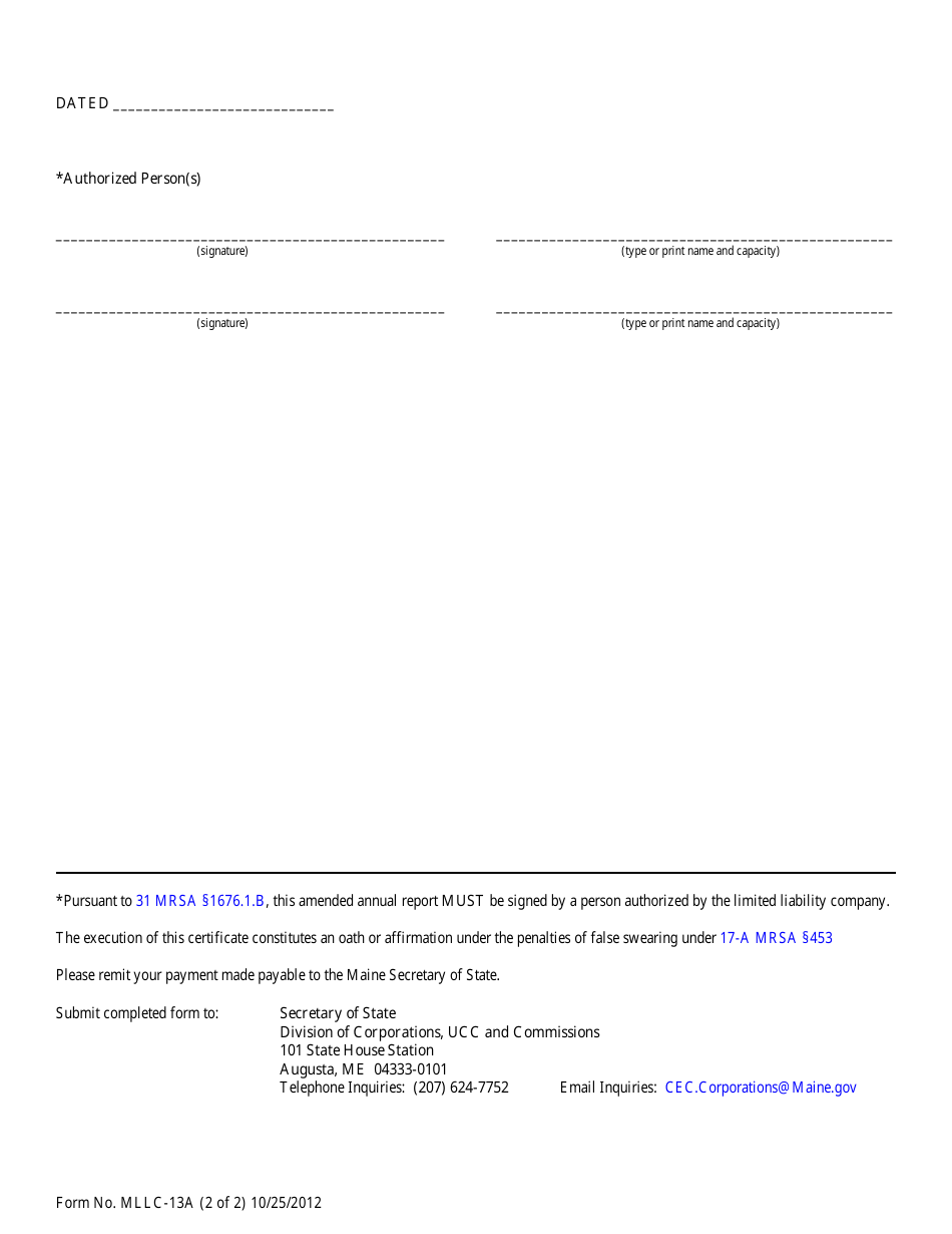 Form MLLC-13A Amended Annual Report (Maine or Foreign LLC) - Maine, Page 2