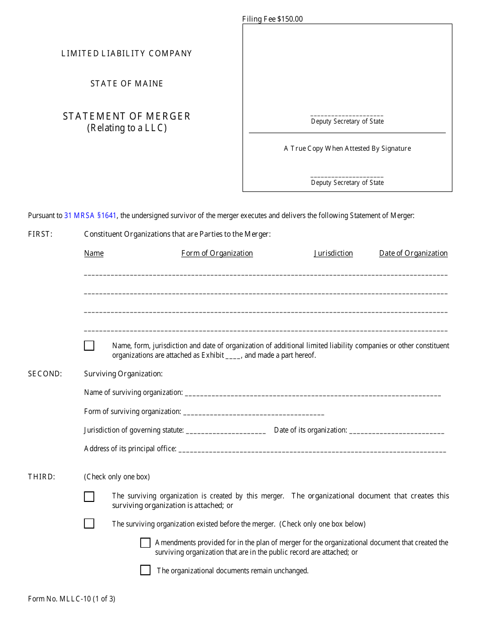 Form MLLC-10 Statement of Merger (Relating to a LLC) - Maine, Page 1