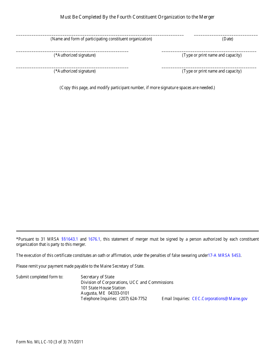 Form MLLC-10 Statement of Merger (Relating to a LLC) - Maine, Page 3