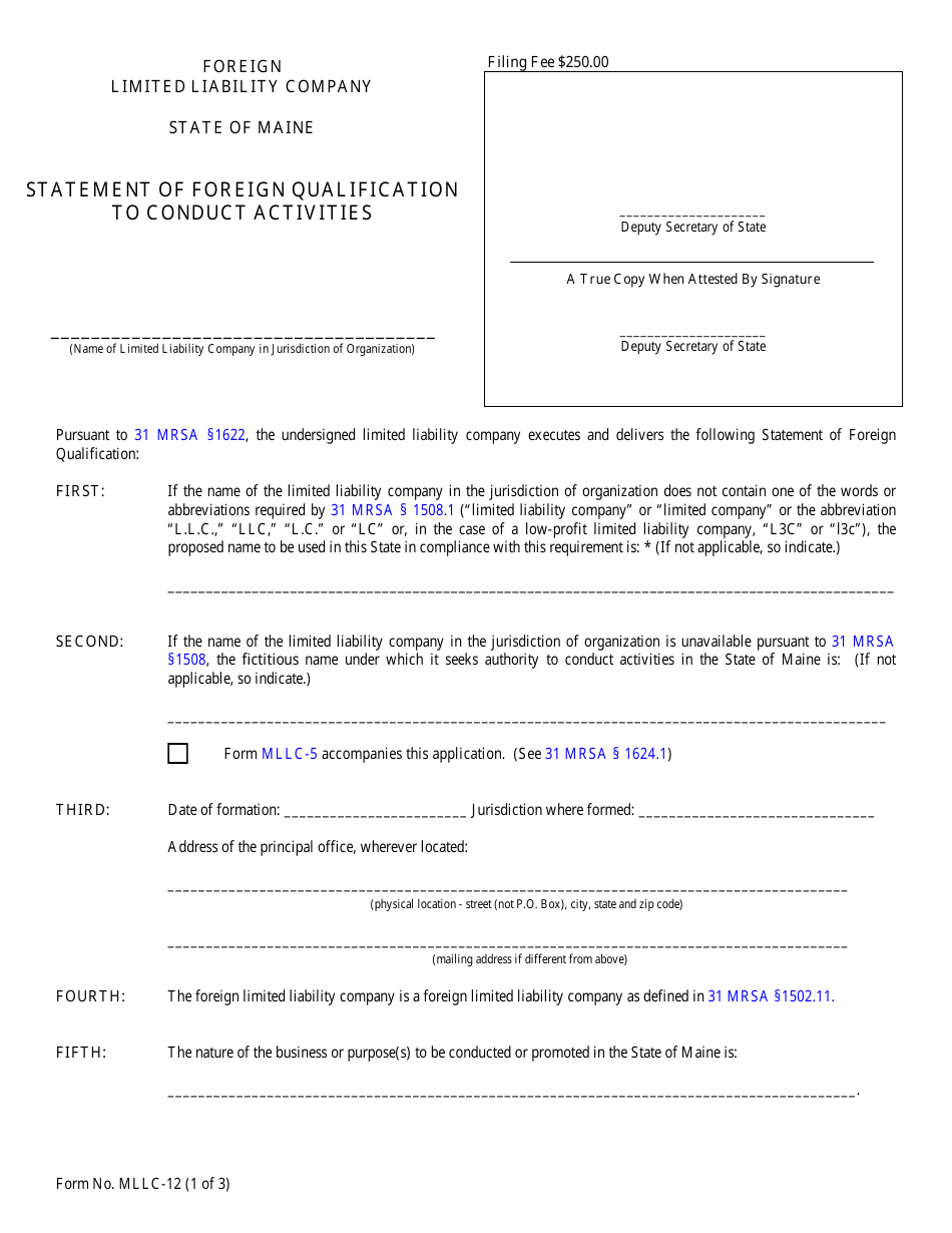Form MLLC-12 Statement of Foreign Qualification to Conduct Activities - Maine, Page 1