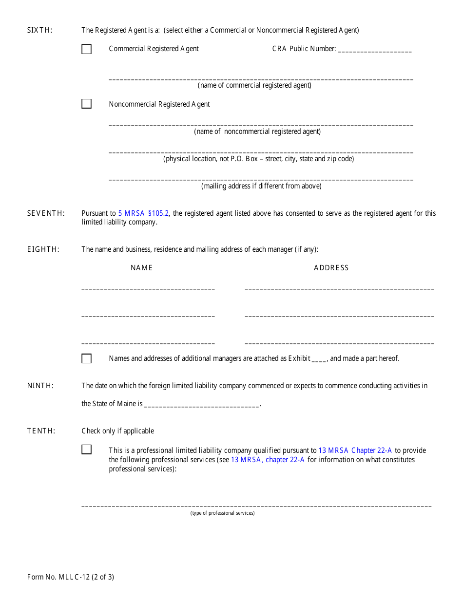 Form MLLC-12 Statement of Foreign Qualification to Conduct Activities - Maine, Page 2