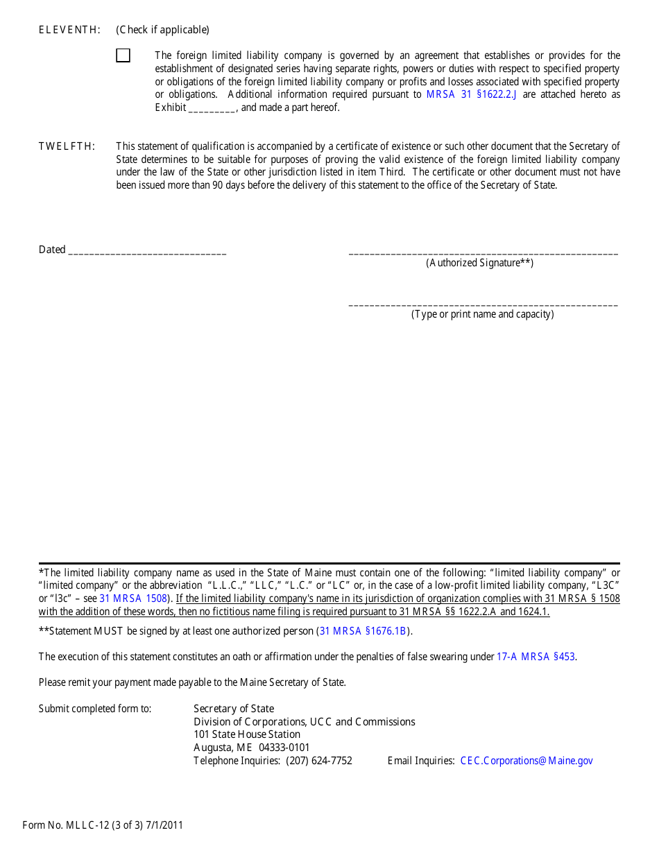 Form MLLC-12 Statement of Foreign Qualification to Conduct Activities - Maine, Page 3