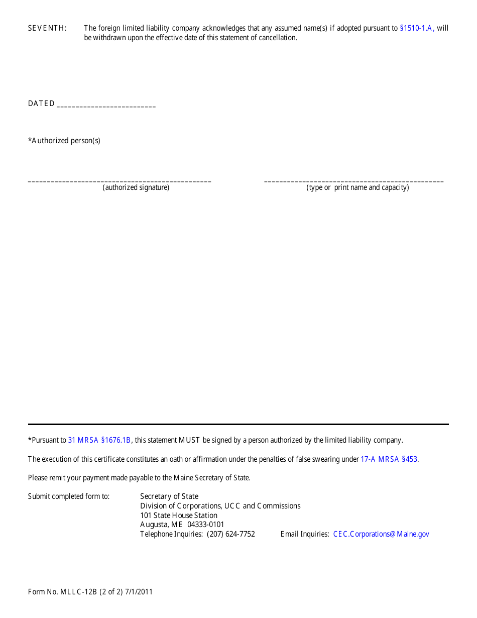 Form MLLC-12B Statement of Cancellation of Foreign Qualification (For a Foreign LLC) - Maine, Page 2
