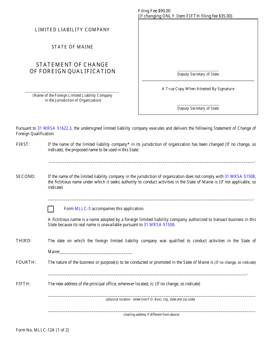 Form MLLC-12A Statement of Change of Foreign Qualification - Maine, Page 1