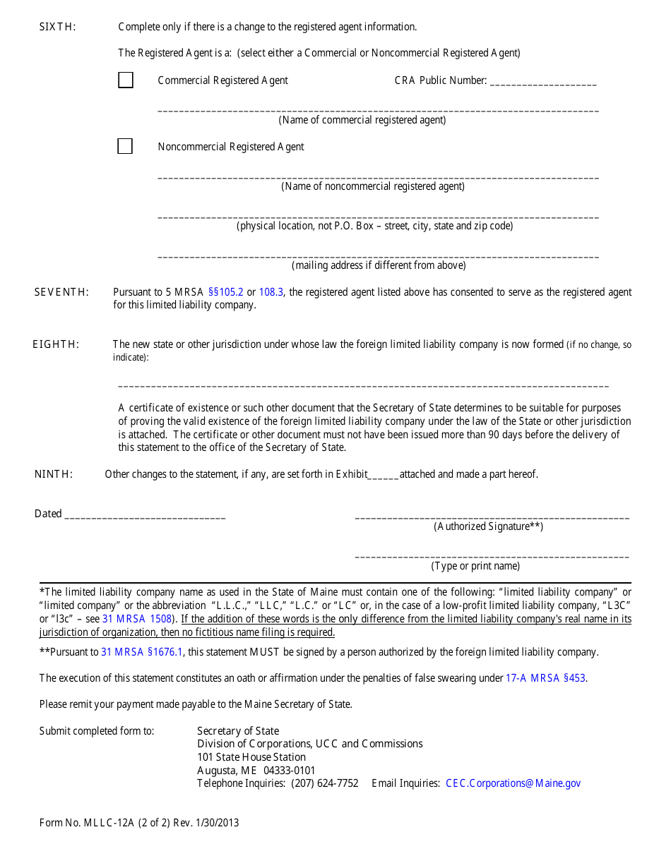 Form MLLC-12A Statement of Change of Foreign Qualification - Maine, Page 2