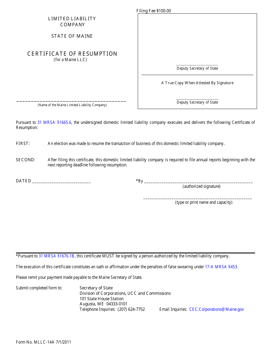 Form MLLC-14A Certificate of Resumption (For a Maine LLC) - Maine, Page 1