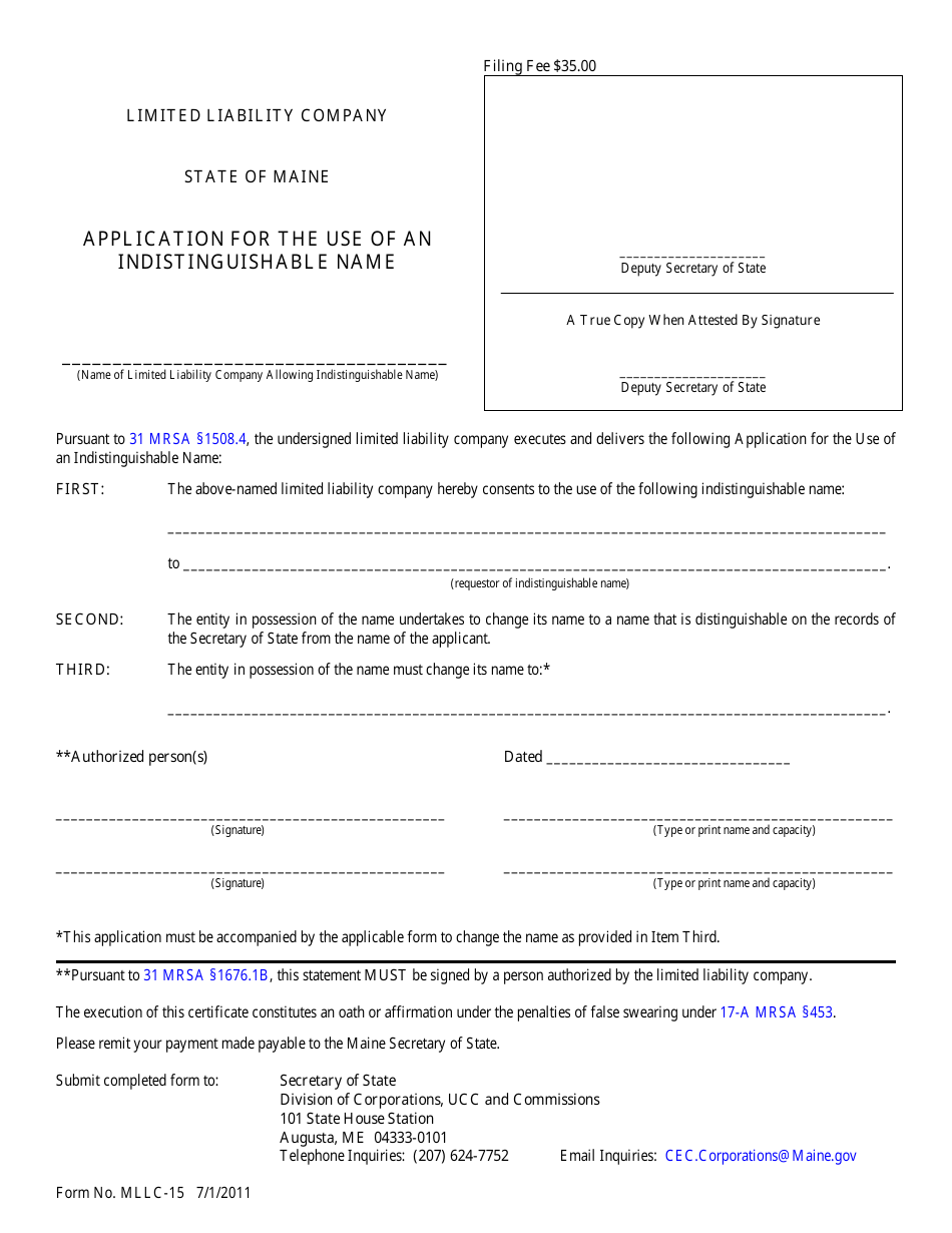 Form MLLC-15 Download Fillable PDF or Fill Online Application for the ...