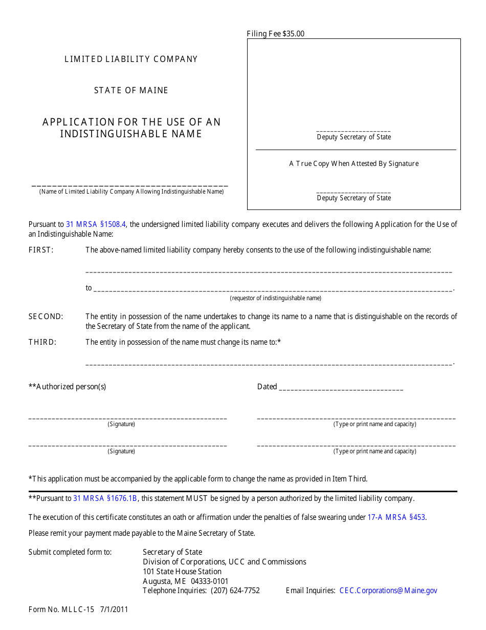 Form MLLC-15 Application for the Use of an Indistinguishable Name - Maine, Page 1