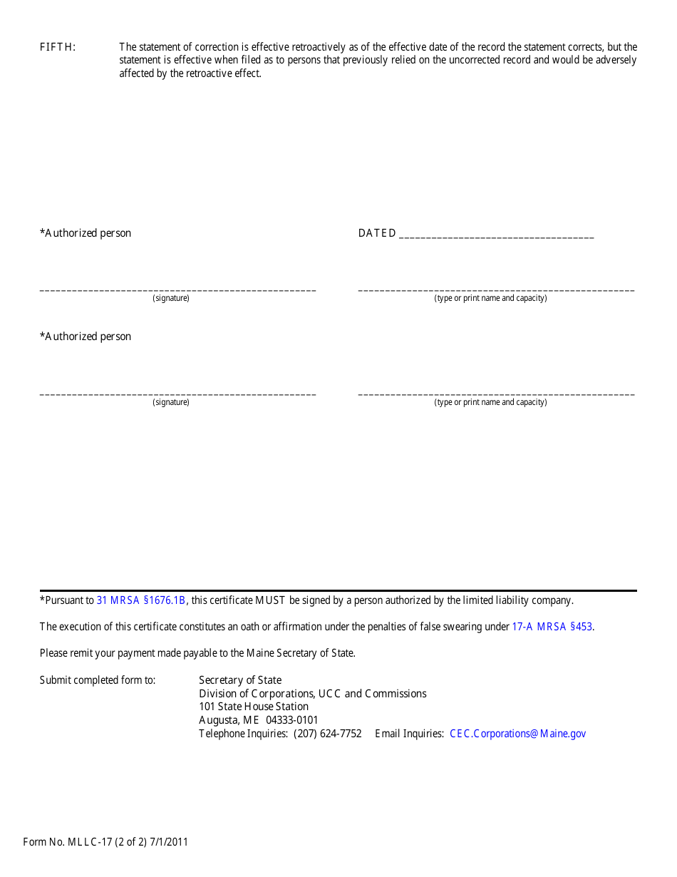 Form MLLC-17 Statement of Correction (For a Maine or Foreign LLC) - Maine, Page 2