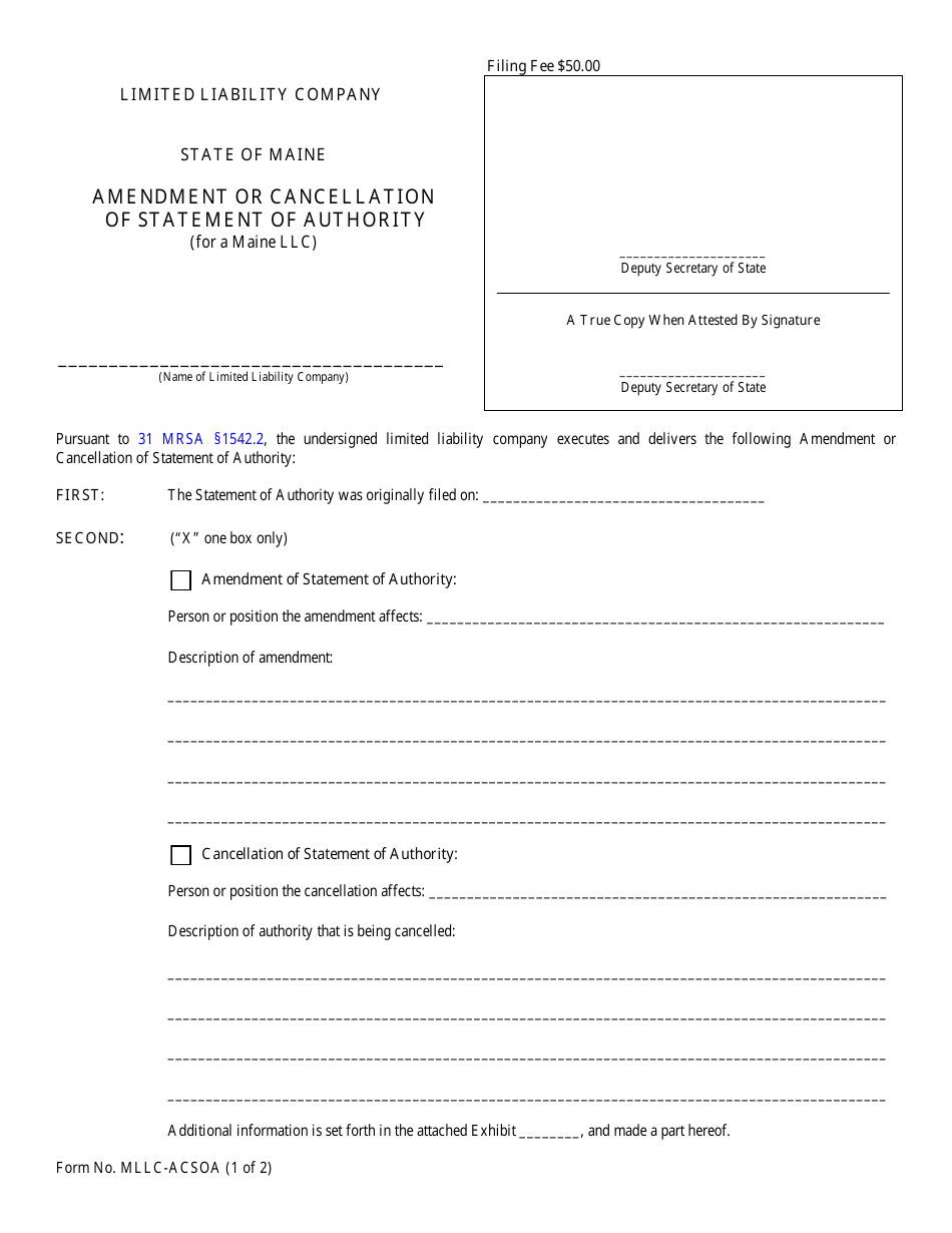 Form MLLC-ACSOA Amendment or Cancellation of Statement of Authority (For a Maine LLC) - Maine, Page 1