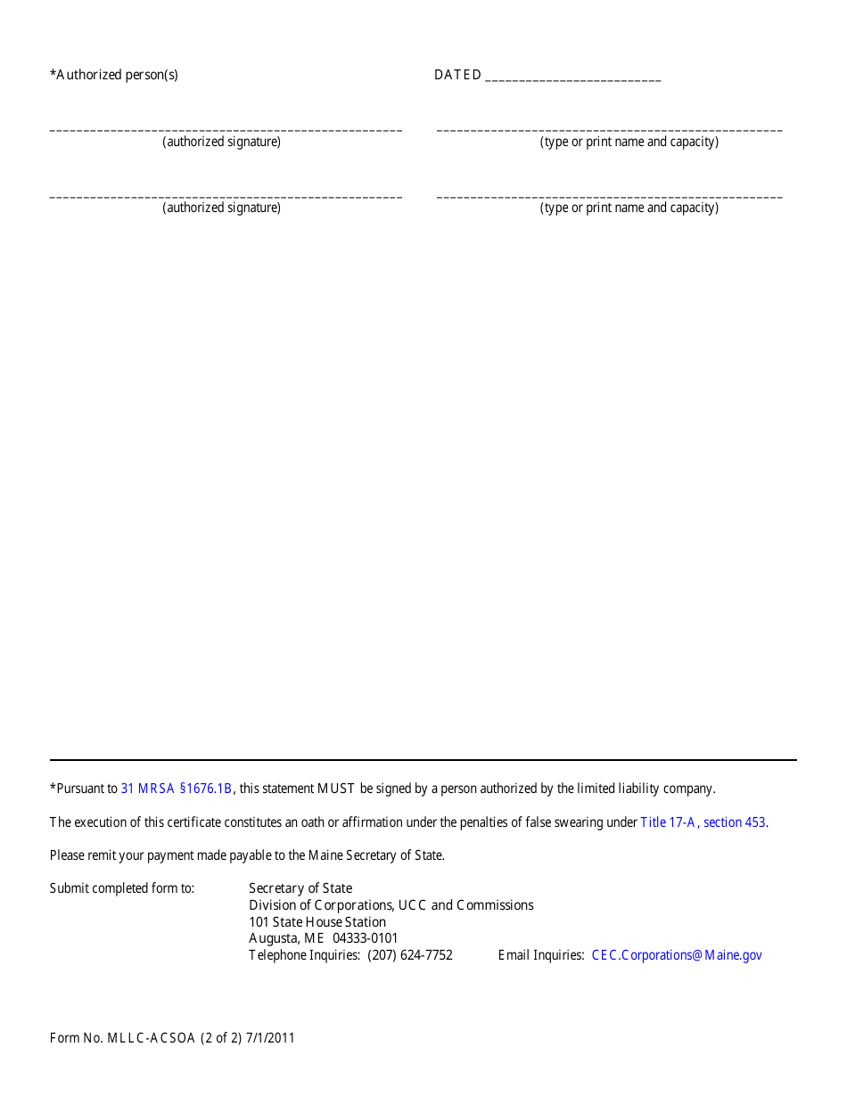 Form MLLC-ACSOA Amendment or Cancellation of Statement of Authority (For a Maine LLC) - Maine, Page 2