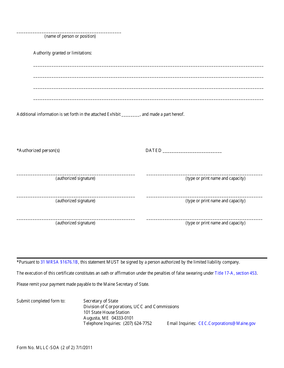 Form MLLC-SOA Statement of Authority (For a Maine LLC) - Maine, Page 2