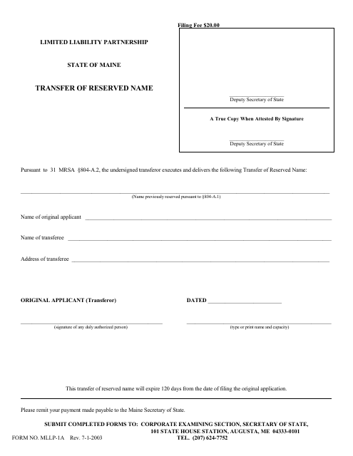 Form MLLP-1A  Printable Pdf