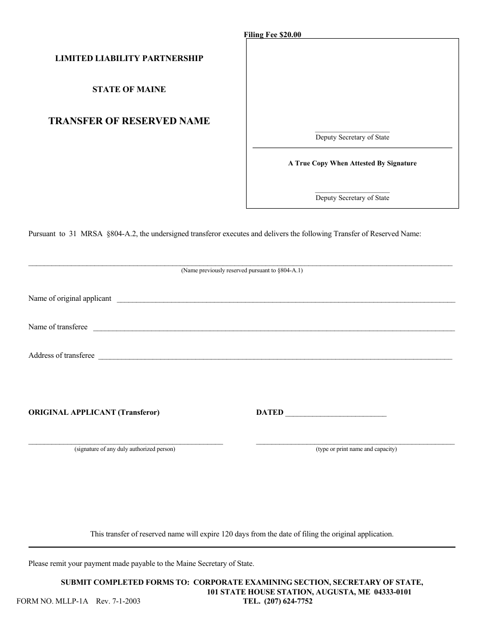 Form MLLP-1A Transfer of Reserved Name - Maine, Page 1