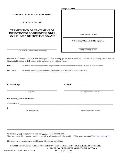 Form MLLP-5A Termination of Statement of Intention to Do Business Under an Assumed or Fictitious Name - Maine