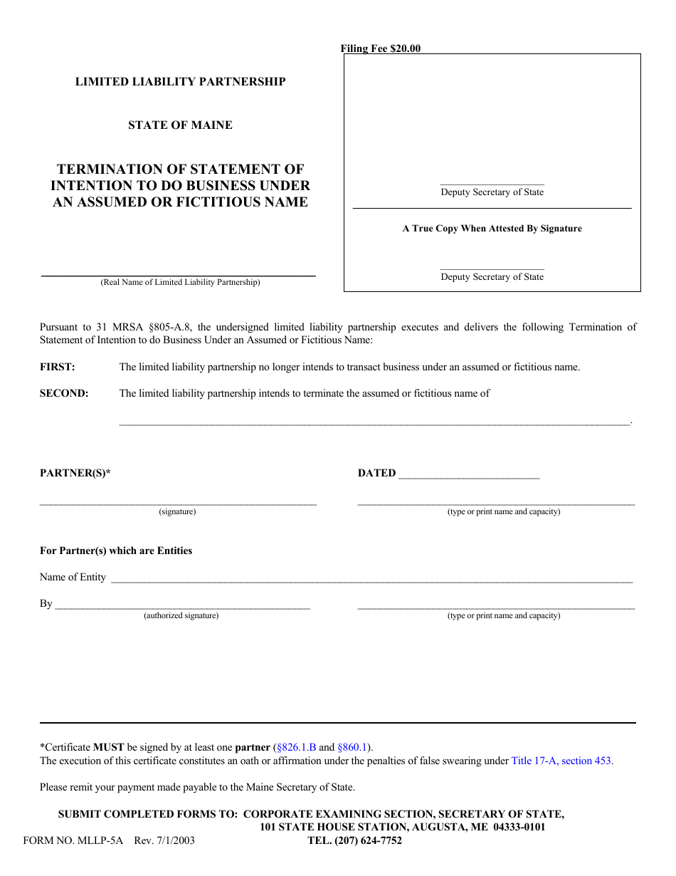 Form MLLP-5A Termination of Statement of Intention to Do Business Under an Assumed or Fictitious Name - Maine, Page 1
