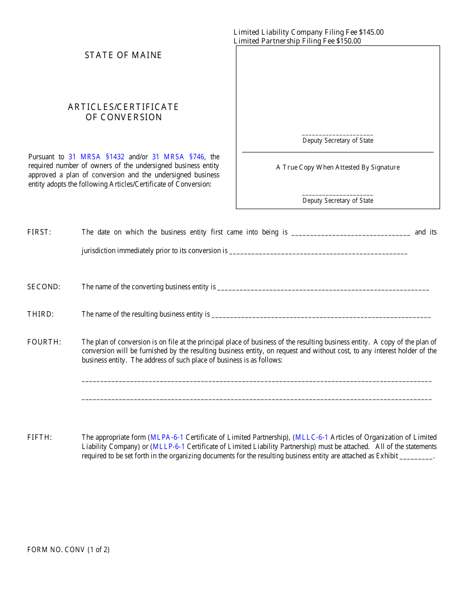Form CONV Articles / Certificate of Conversion - Maine, Page 1