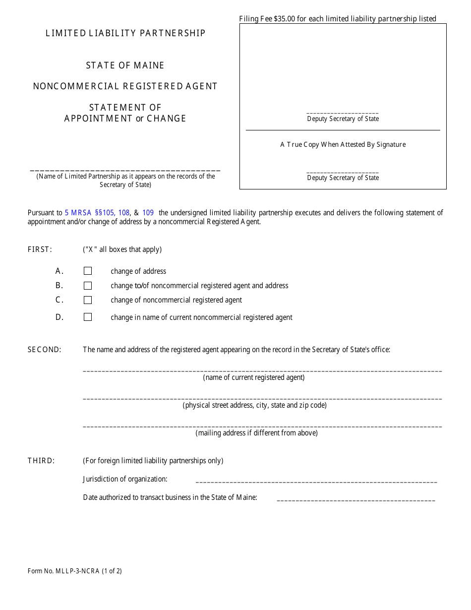 Form MLLP-3-NCRA Statement of Appointment or Change of Noncommercial Agent - Maine, Page 1