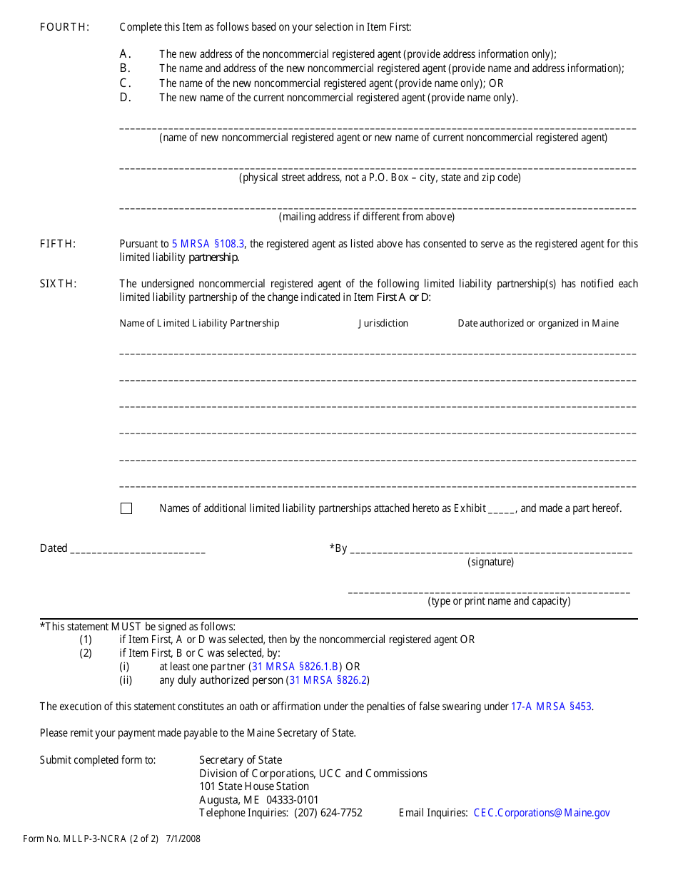 Form MLLP-3-NCRA Statement of Appointment or Change of Noncommercial Agent - Maine, Page 2