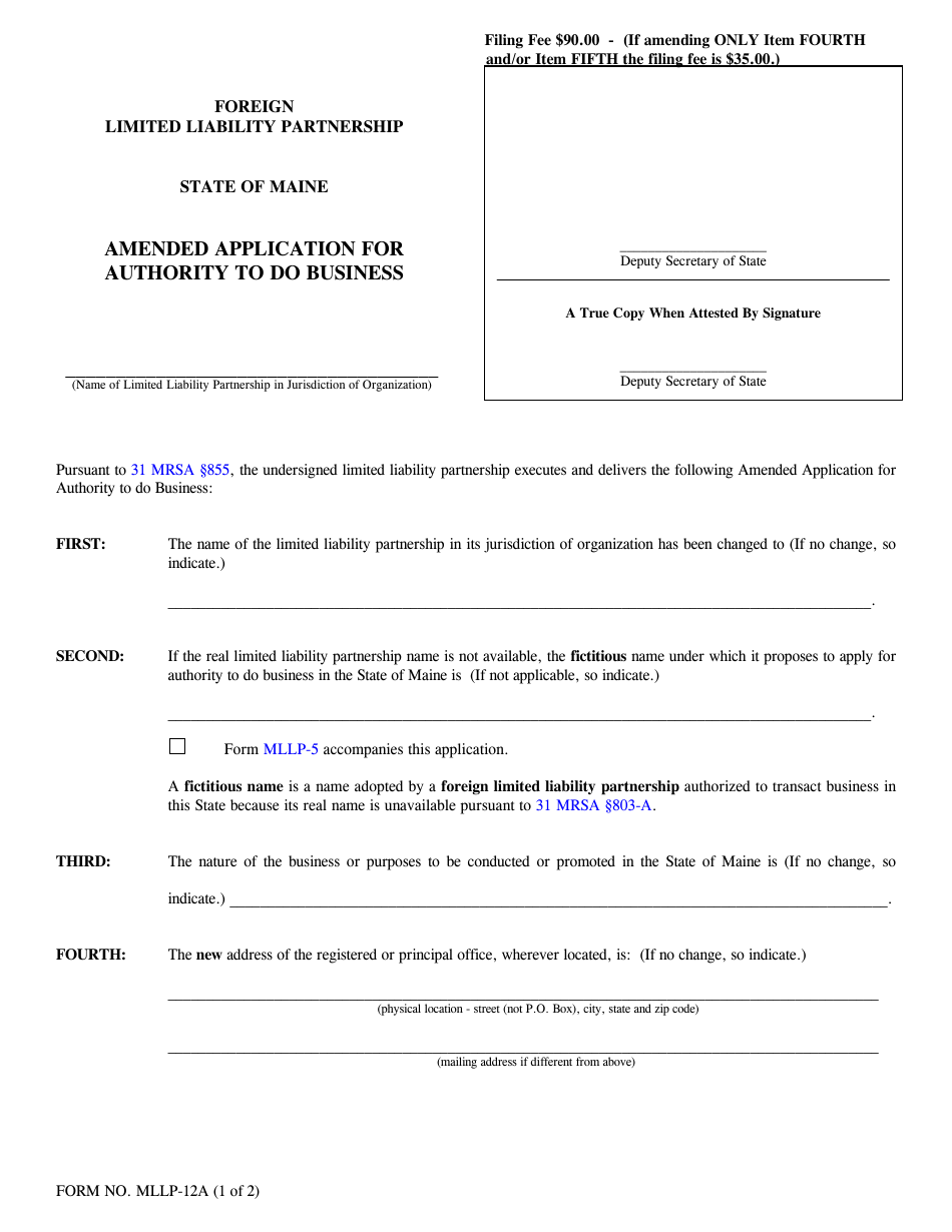 Form MLLP-12A Amended Application for Authority to Do Business - Maine, Page 1