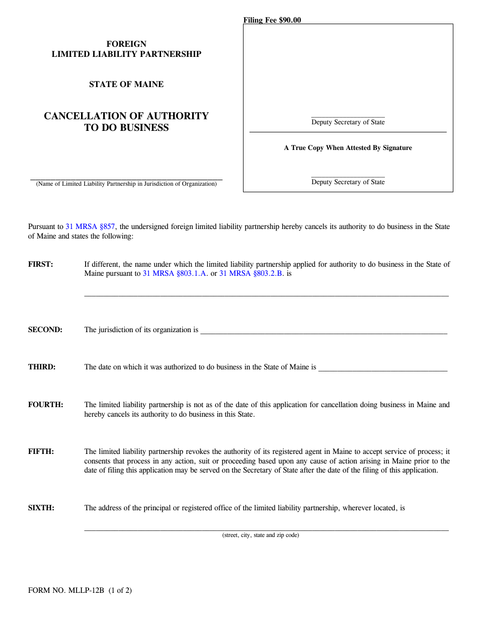Form MLLP-12B Cancellation of Authority to Do Business - Maine, Page 1