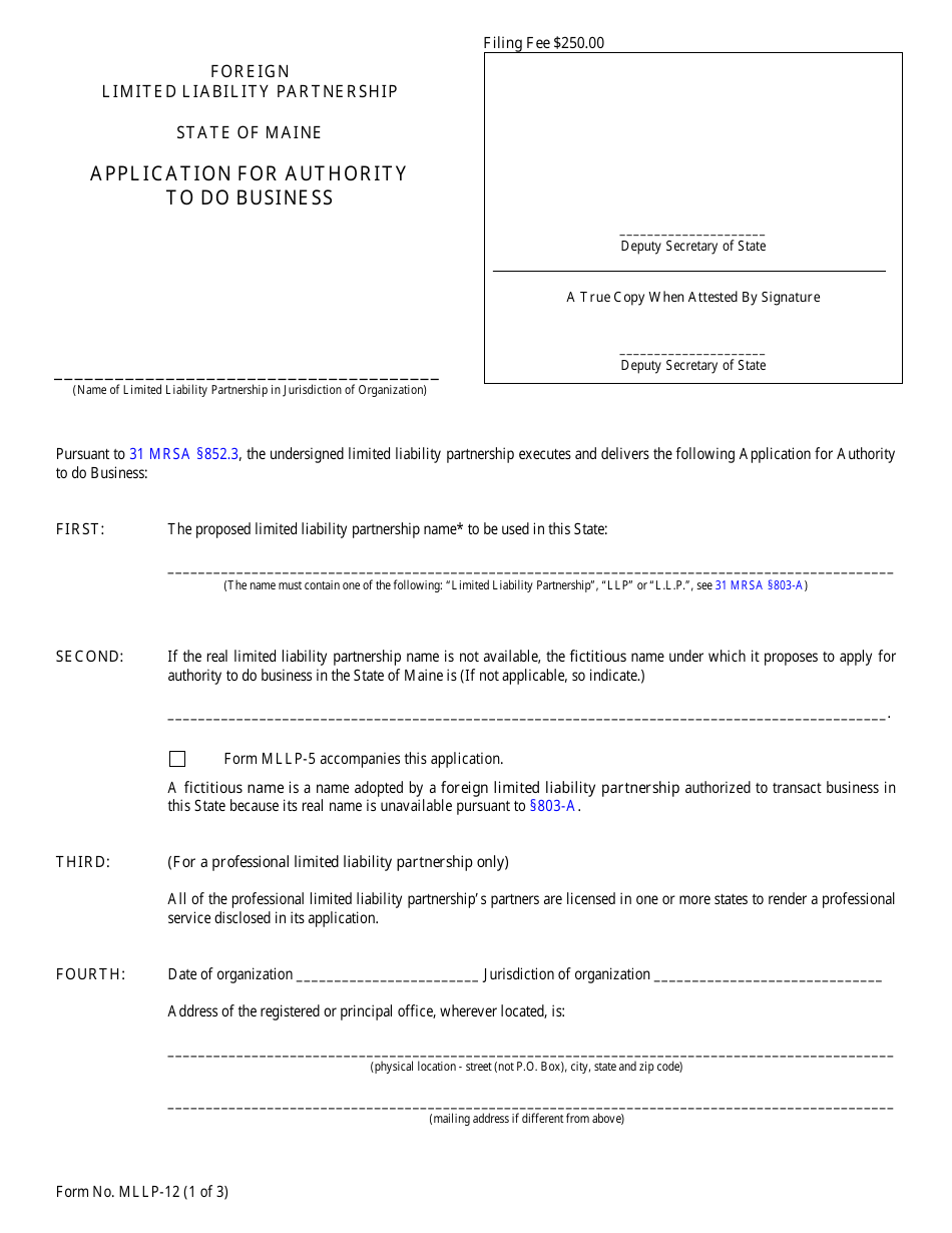 Form MLLP-12 Application for Authority to Do Business - Maine, Page 1