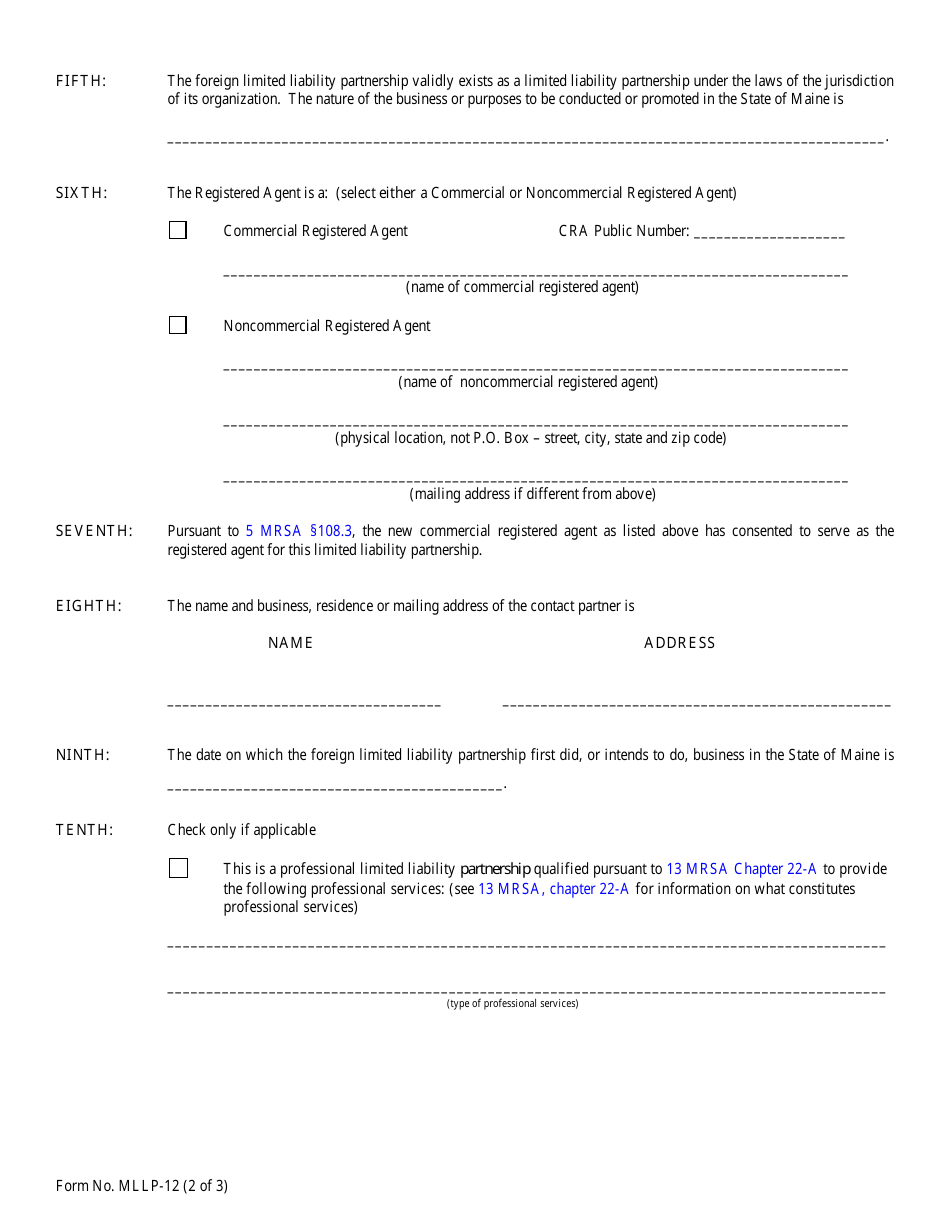 Form MLLP-12 Application for Authority to Do Business - Maine, Page 2