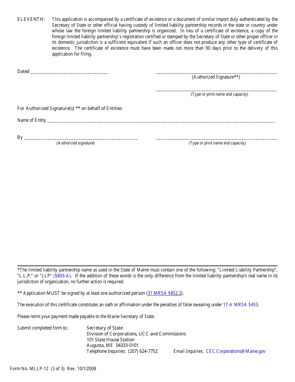 Form MLLP-12 Application for Authority to Do Business - Maine, Page 3