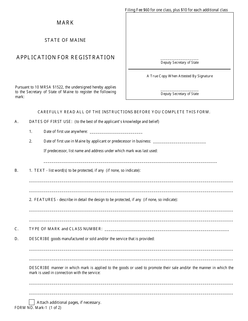 Form MARK-1 Application for Registration of a Mark - Maine, Page 1