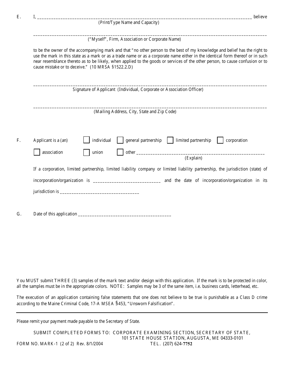 Form MARK-1 Application for Registration of a Mark - Maine, Page 2