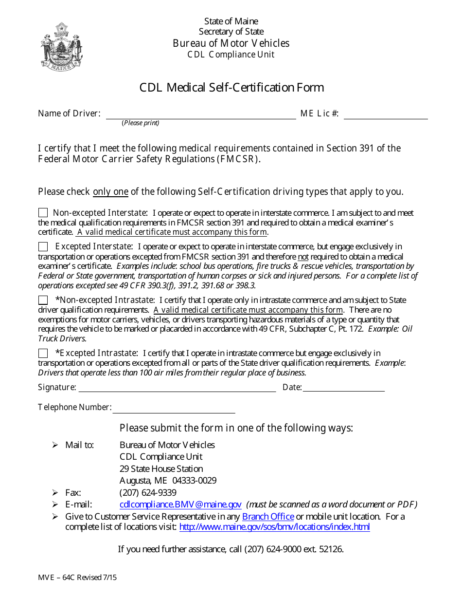 Form MVE-64C Cdl Medical Self-certification Form - Maine, Page 1