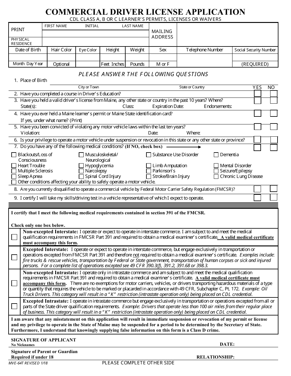Form MVE-64T Commercial Driver License Application - Maine, Page 1