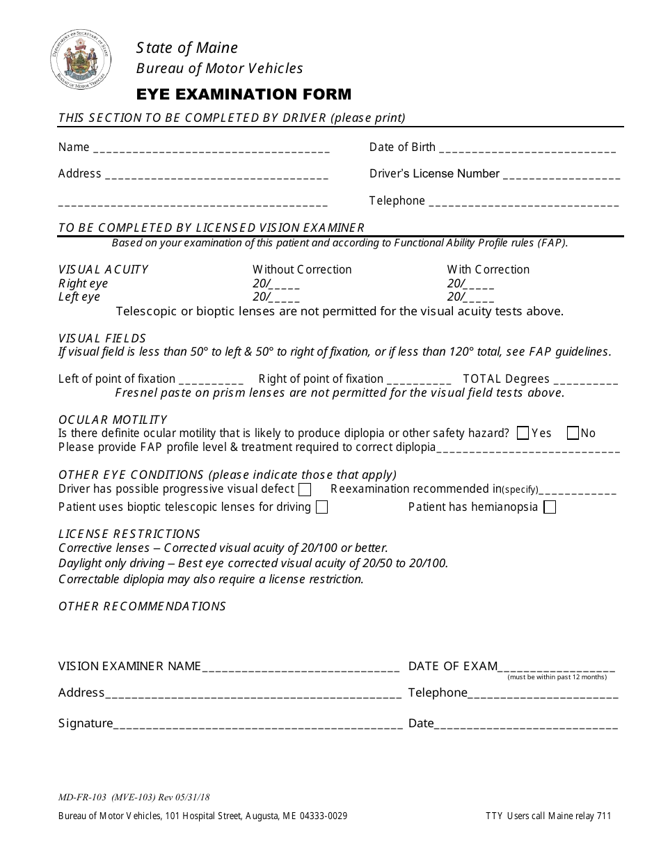 Form MD-FR-103 Eye Examination Form - Maine, Page 1