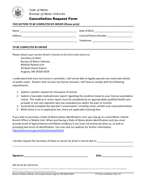 Form MD-FR-26 Cancellation Request Form - Maine