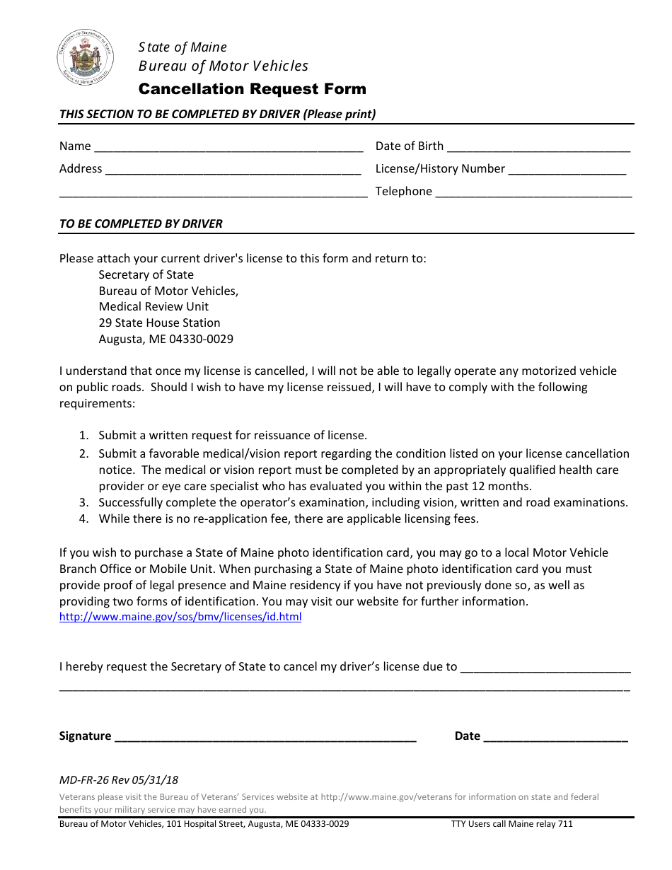 Form MD-FR-26 Cancellation Request Form - Maine, Page 1