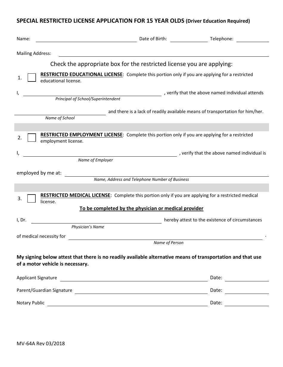 Form MV-64A Special Restricted License Application for 15 Year Olds - Maine, Page 2