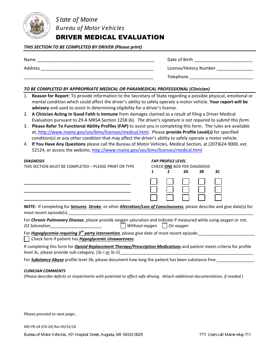 Form MD-FR-24 Driver Medical Evaluation - Maine, Page 1