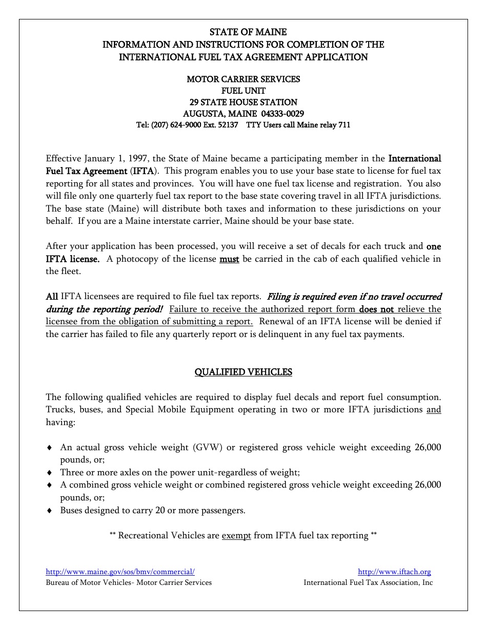 Instructions for Form MV-207 International Fuel Tax Agreement Application Form - Maine, Page 1