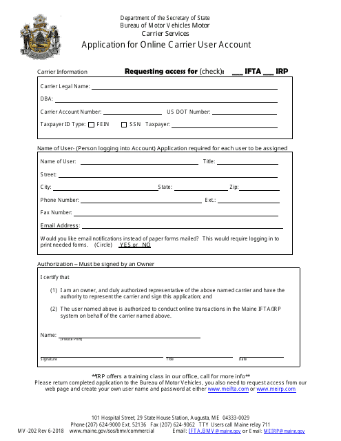 Form MV-202 Application for Online Carrier User Account - Maine