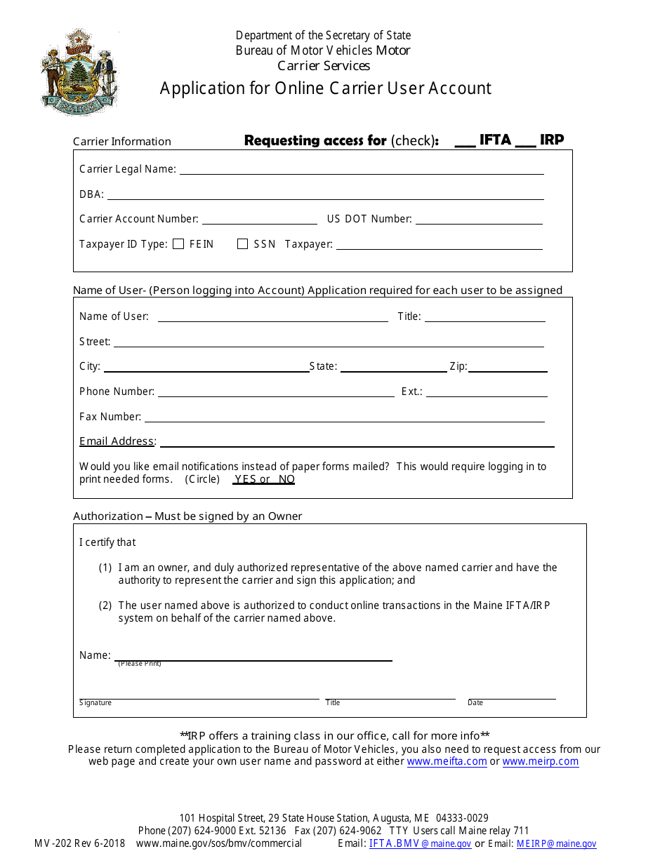 Form MV-202 Application for Online Carrier User Account - Maine, Page 1