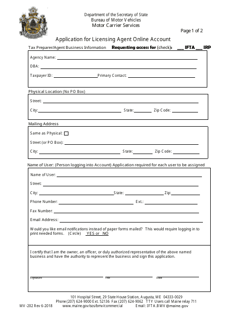 Form MV-202 Application for Licensing Agent Online Account - Maine