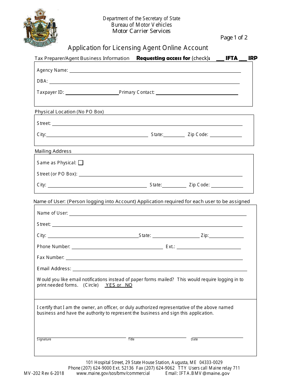 Form MV-202 Application for Licensing Agent Online Account - Maine, Page 1
