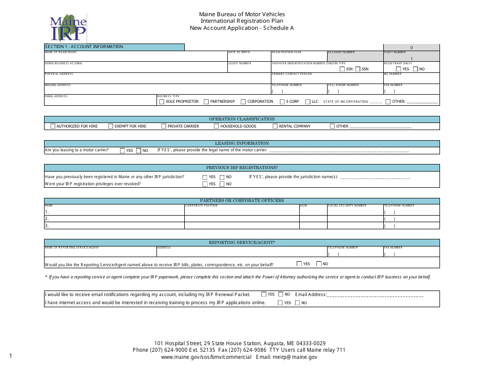 Schedule A New Account Application - Maine, Page 1